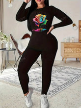 Multi-Color Rose Print 2 Pieces, Spring And Autumn Long Sleeve Casual Top And Trousers, Women's Clothing